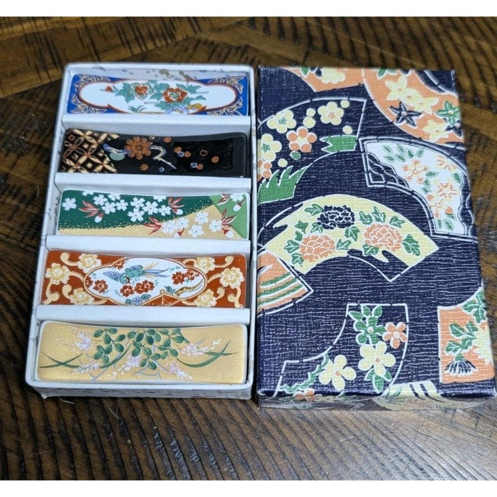 Vintage Japanese Porcelain Hashioki Chopstick Rests Set of 5 Floral Bird Boxed - Picture 3 of 6